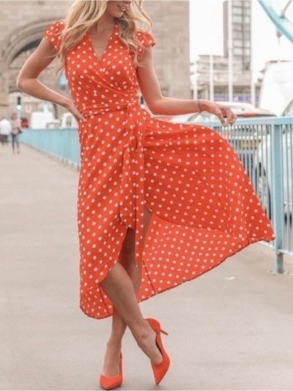 Polka Dot Wrap Midi Dress Orange White High Low Flutter Sleeve 
Size Small